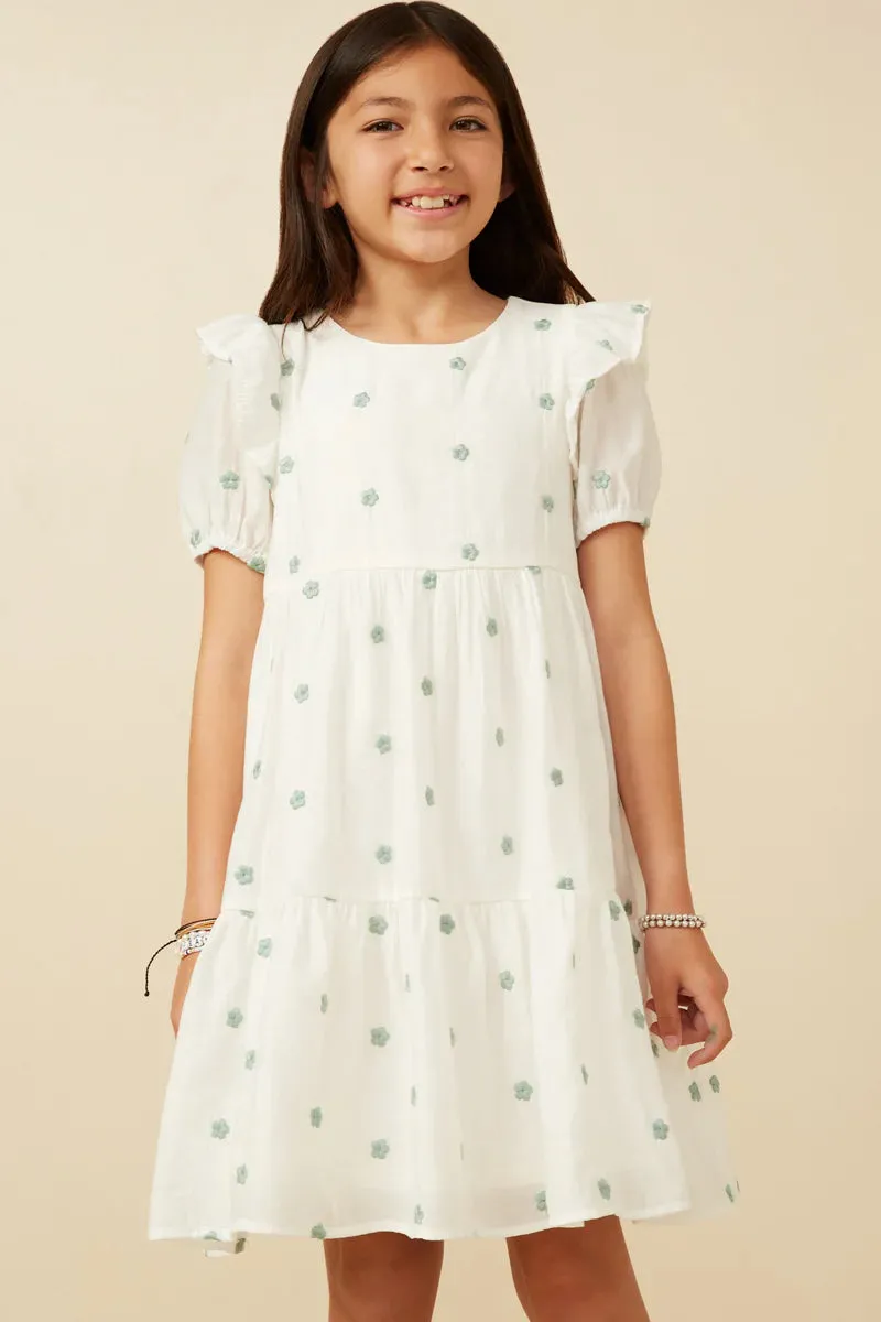 Green and White Embroidered Ruffled Dress