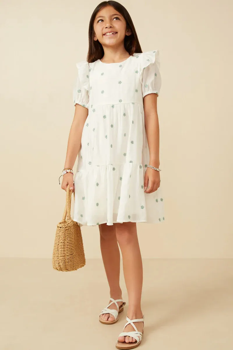 Green and White Embroidered Ruffled Dress