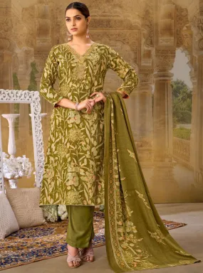 Green Unstitched Pashmina Winter Suit Dress Material Printed with Embroidery