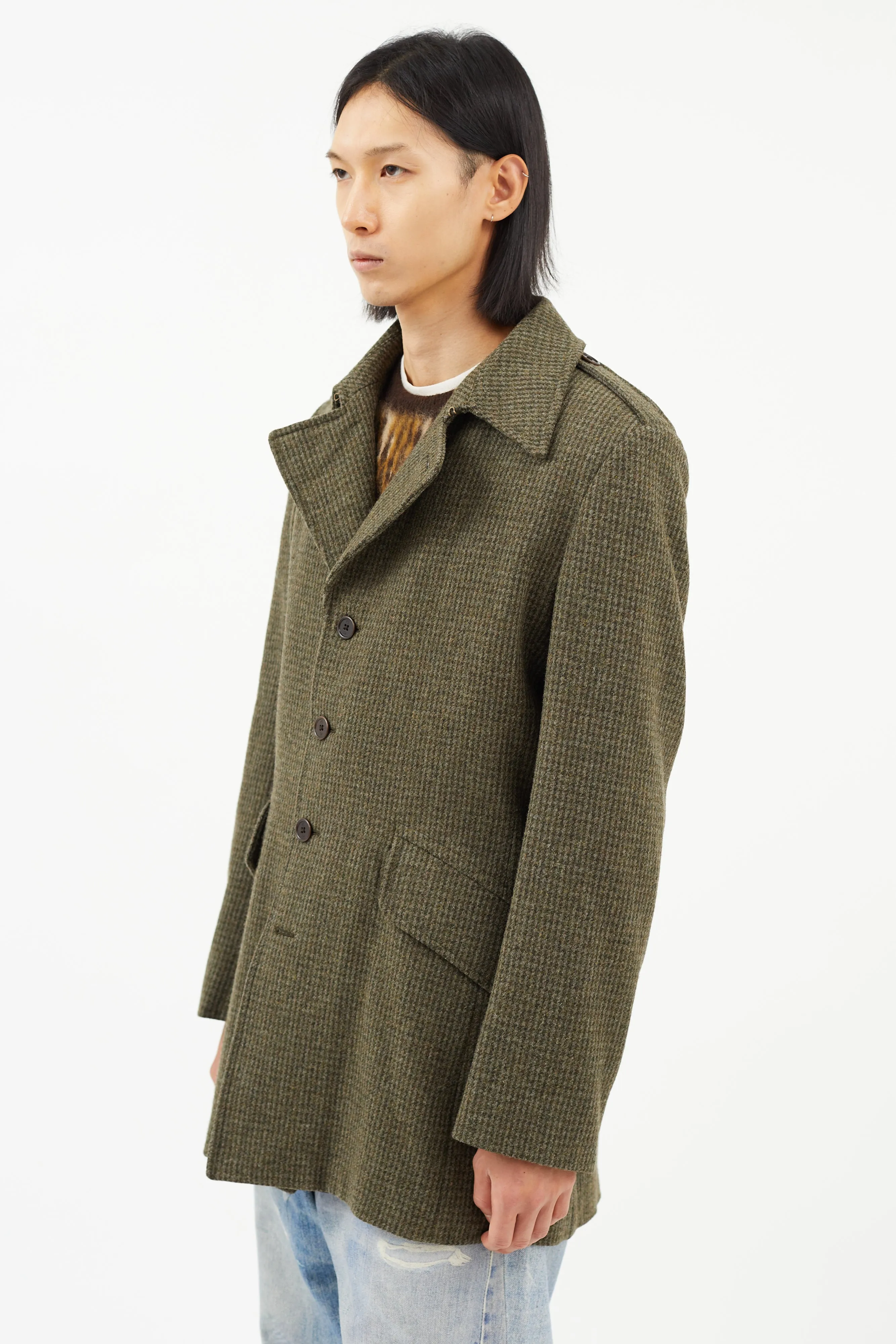 Green Wool Check Trench Coat