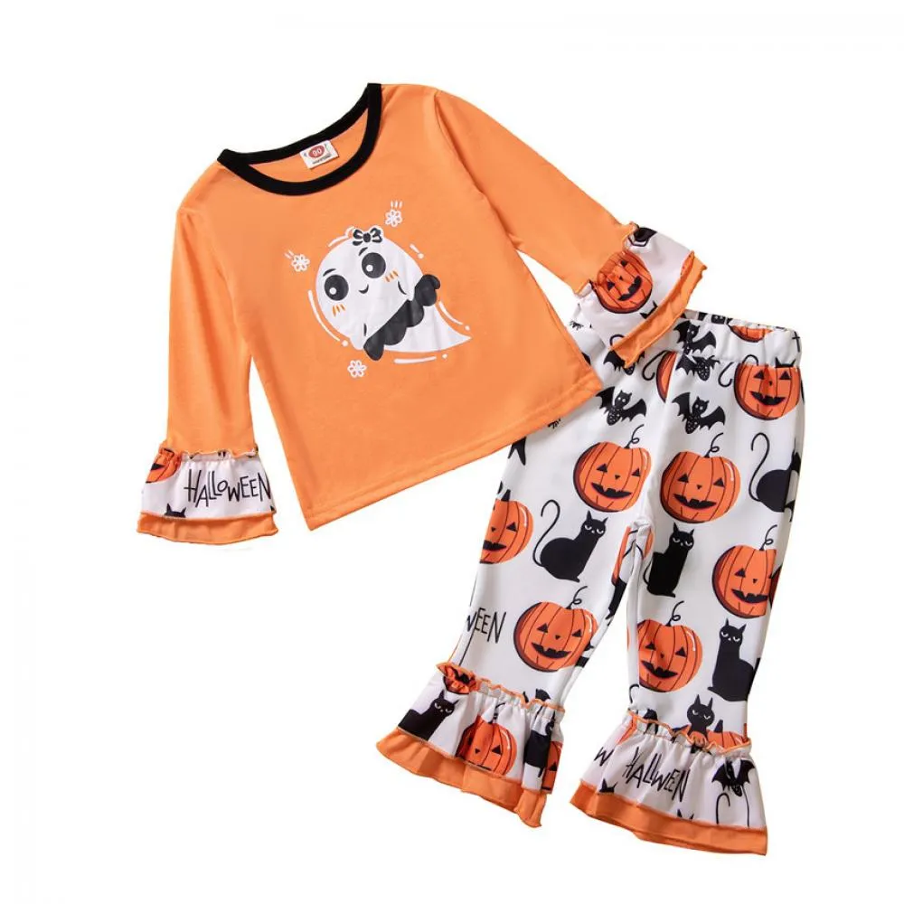 Halloween Girls Clothes Long-sleeved T-shirt   Flared Trousers Set Wholesale Girls Clothes