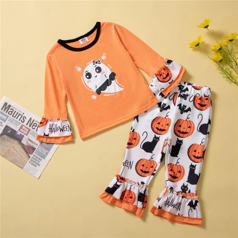 Halloween Girls Clothes Long-sleeved T-shirt   Flared Trousers Set Wholesale Girls Clothes