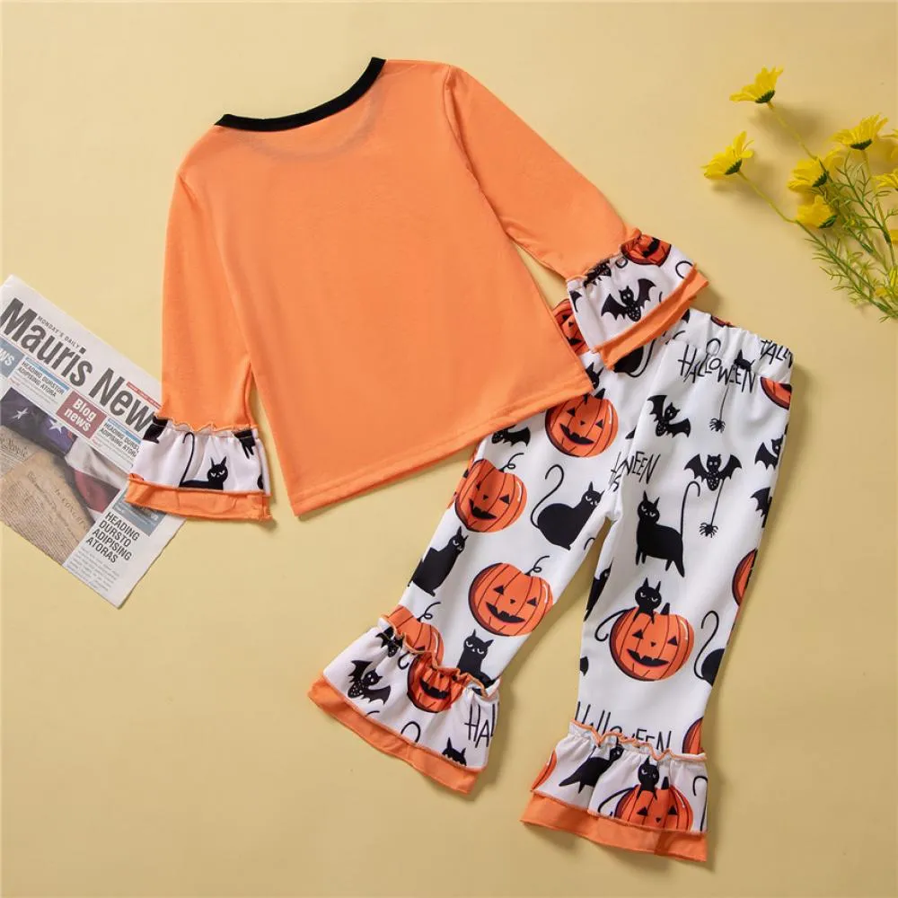 Halloween Girls Clothes Long-sleeved T-shirt   Flared Trousers Set Wholesale Girls Clothes