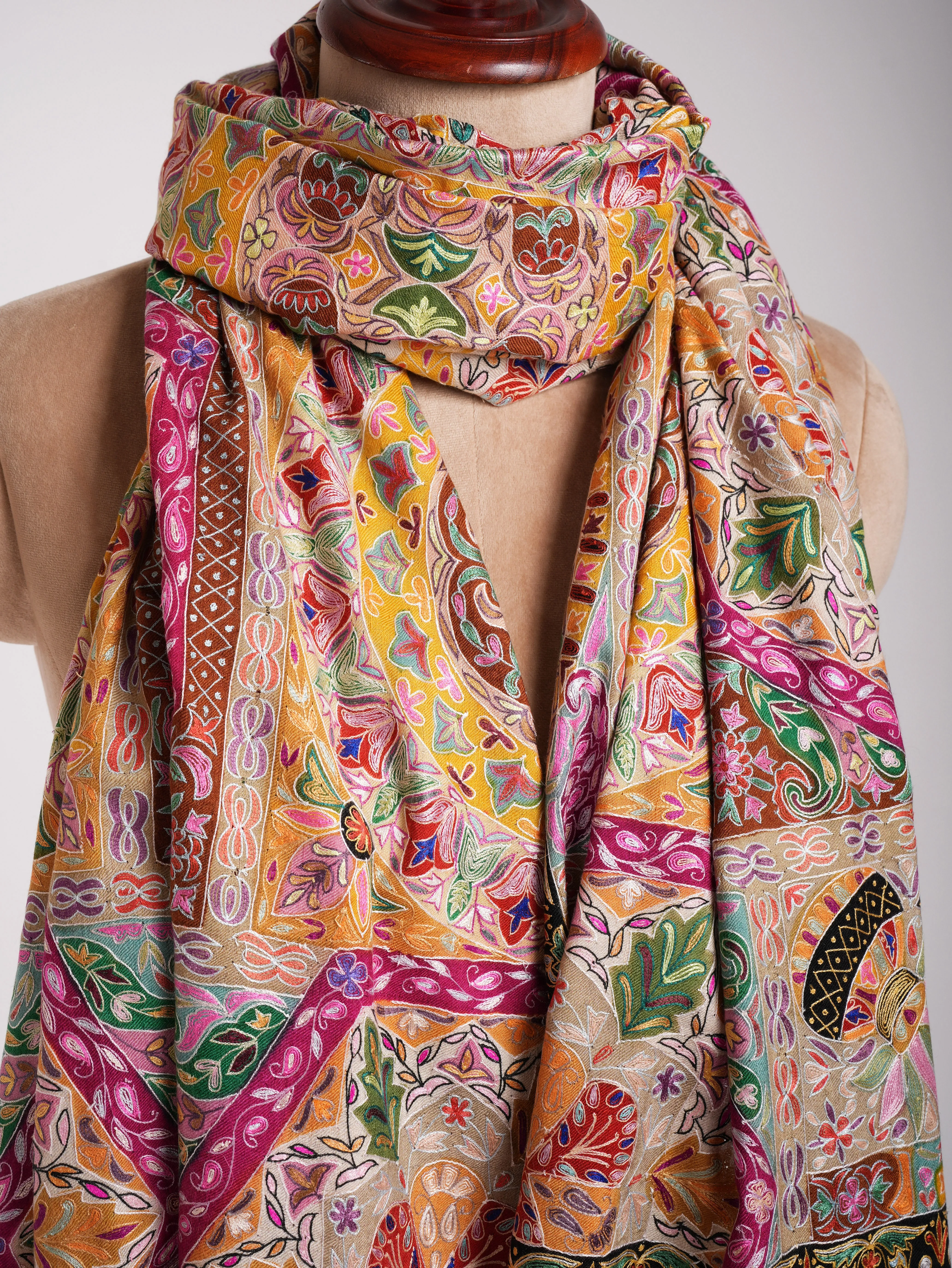 Hand painted Kalamkari Pashmina Shawl with Art Silk Embroidery