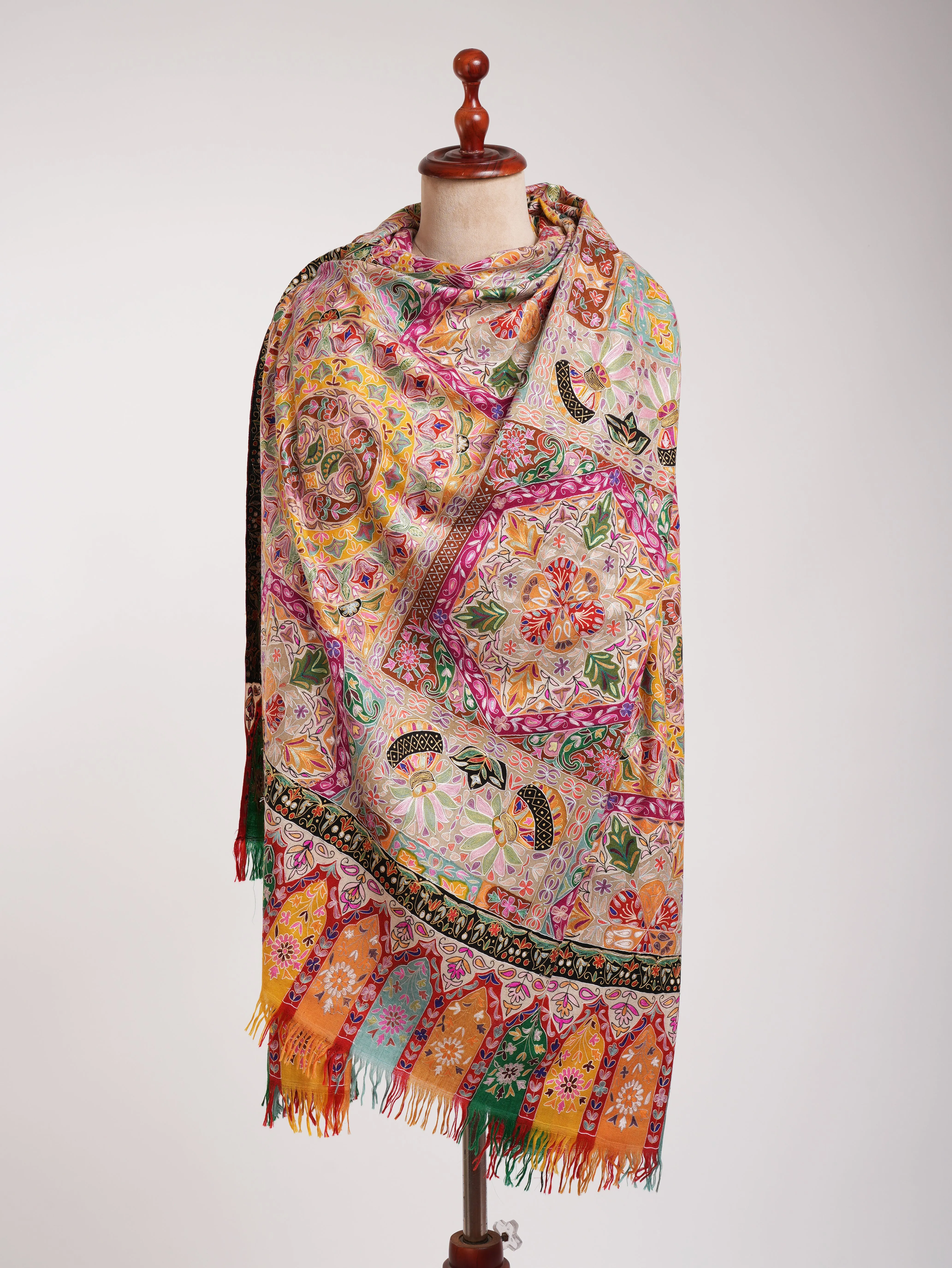 Hand painted Kalamkari Pashmina Shawl with Art Silk Embroidery