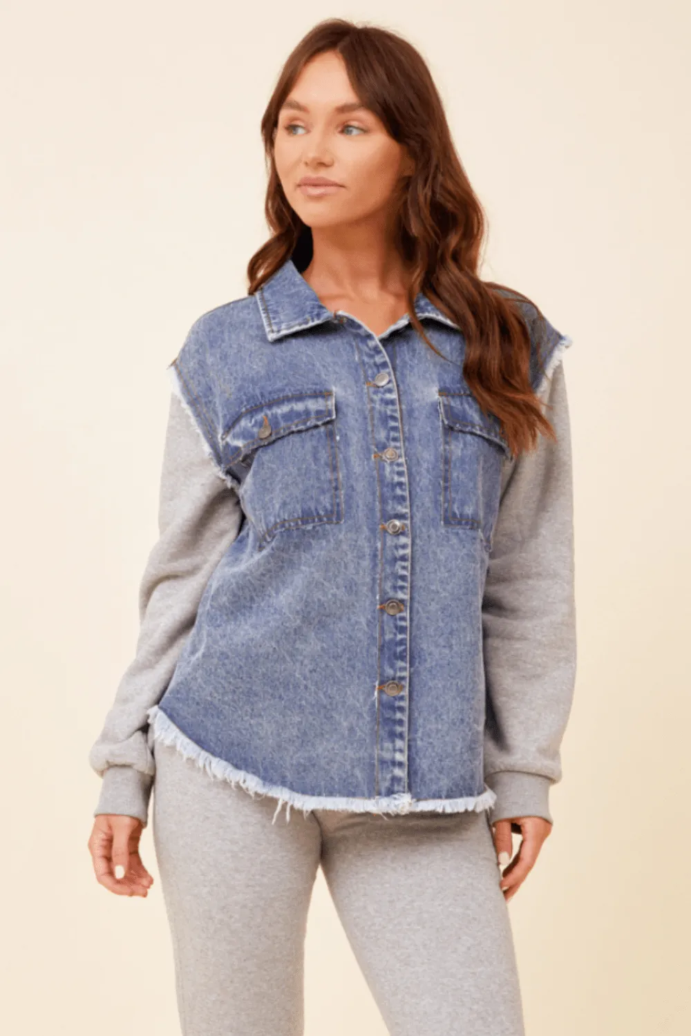 Heathered Grey / Washed Blue Denim Fleece Combo Shacket