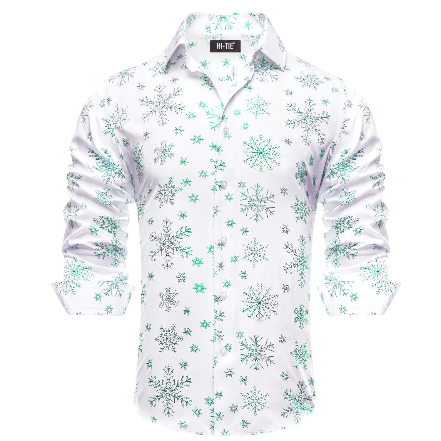 Hi-Tie White Long Sleeve Shirt Green Snowflake Men's Christmas Top