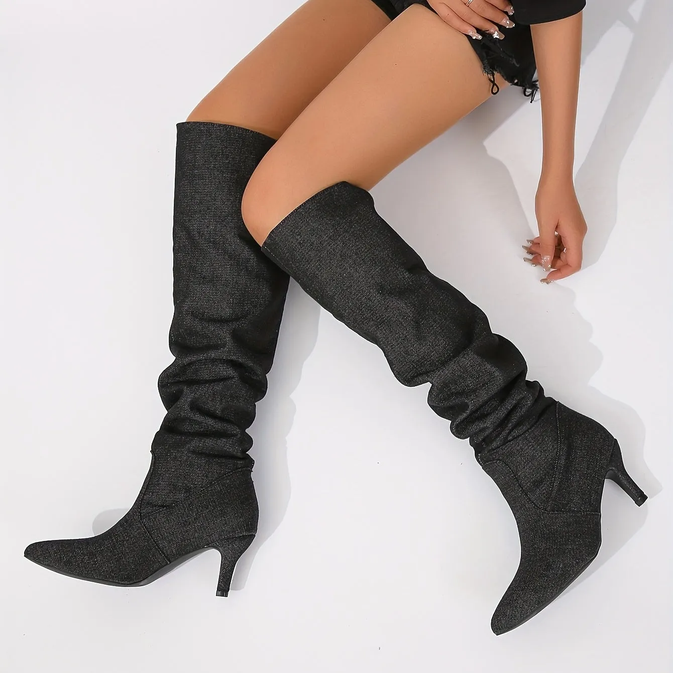 High Heel Slouchy Knee High Boots - Slip-On, Pointed Toe, Stiletto Heel, Fabric Upper, Rubber Sole, Comfortable Insole, Casual Solid Color Dress Boots for Women