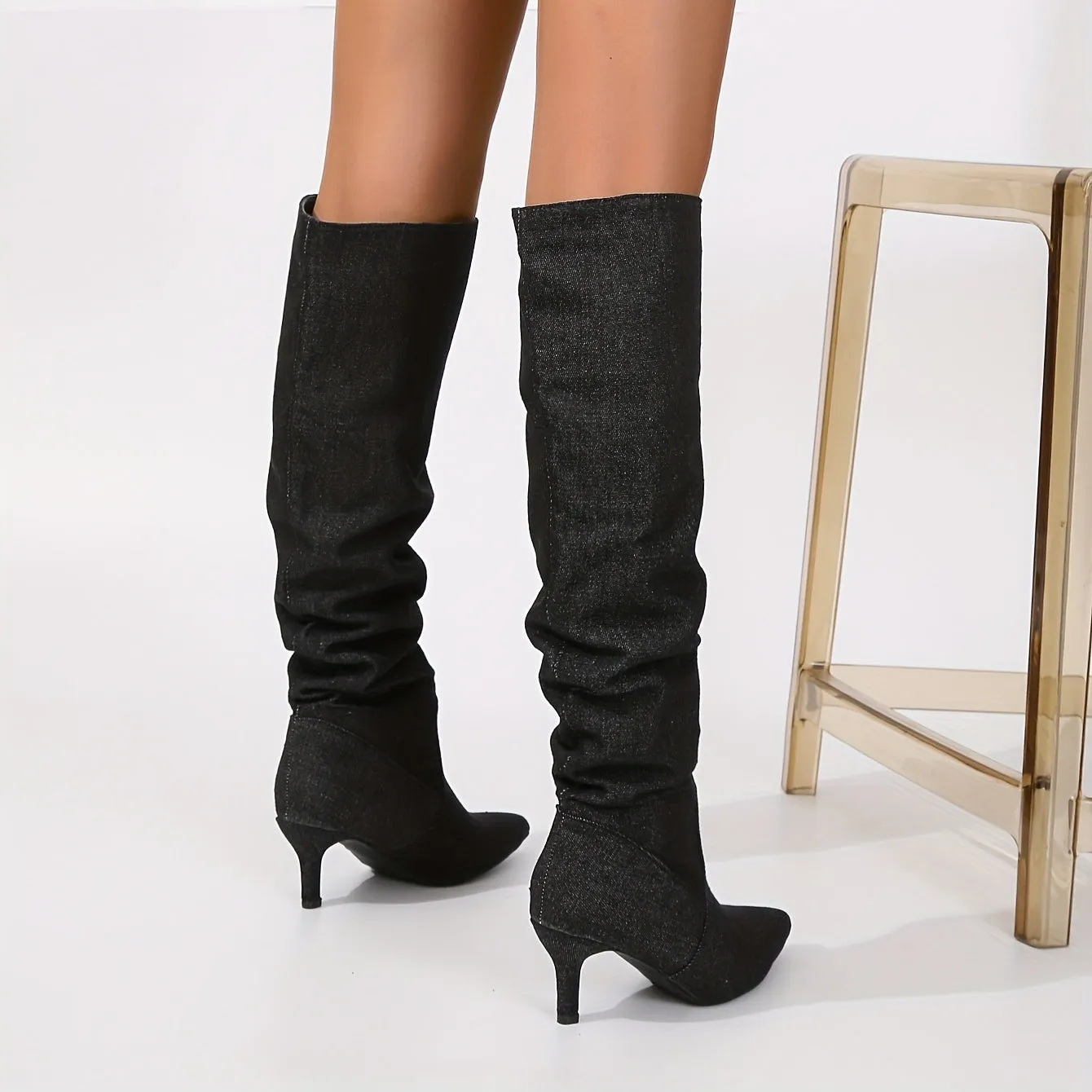 High Heel Slouchy Knee High Boots - Slip-On, Pointed Toe, Stiletto Heel, Fabric Upper, Rubber Sole, Comfortable Insole, Casual Solid Color Dress Boots for Women