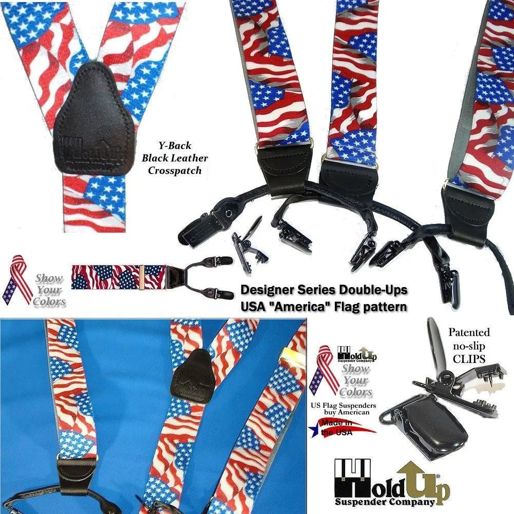 Holdup Brand Double-Ups Style Designer Series American Flag Pattern clip-on Suspenders