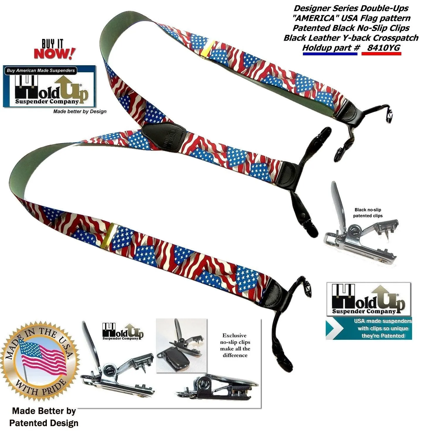 Holdup Brand Double-Ups Style Designer Series American Flag Pattern clip-on Suspenders