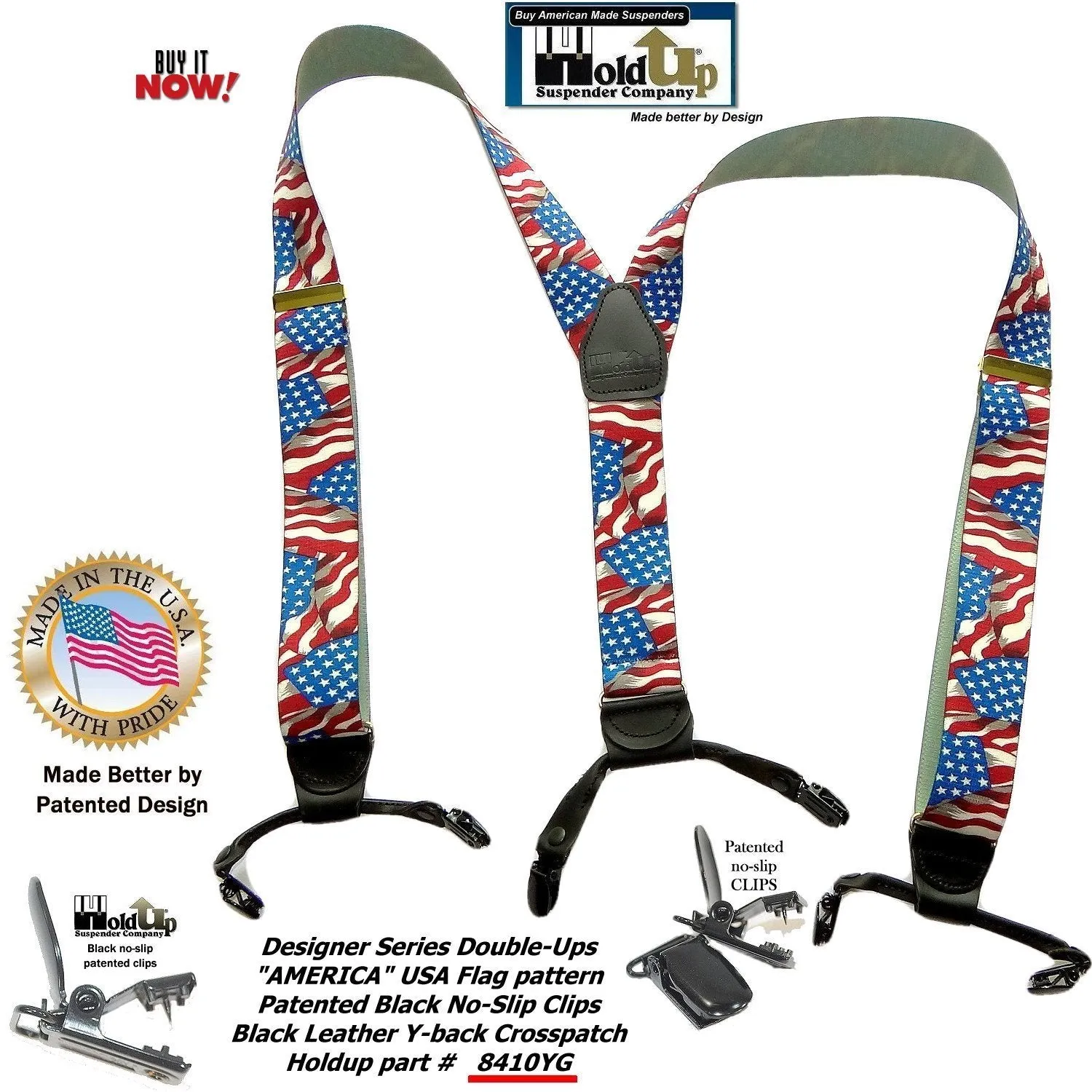 Holdup Brand Double-Ups Style Designer Series American Flag Pattern clip-on Suspenders