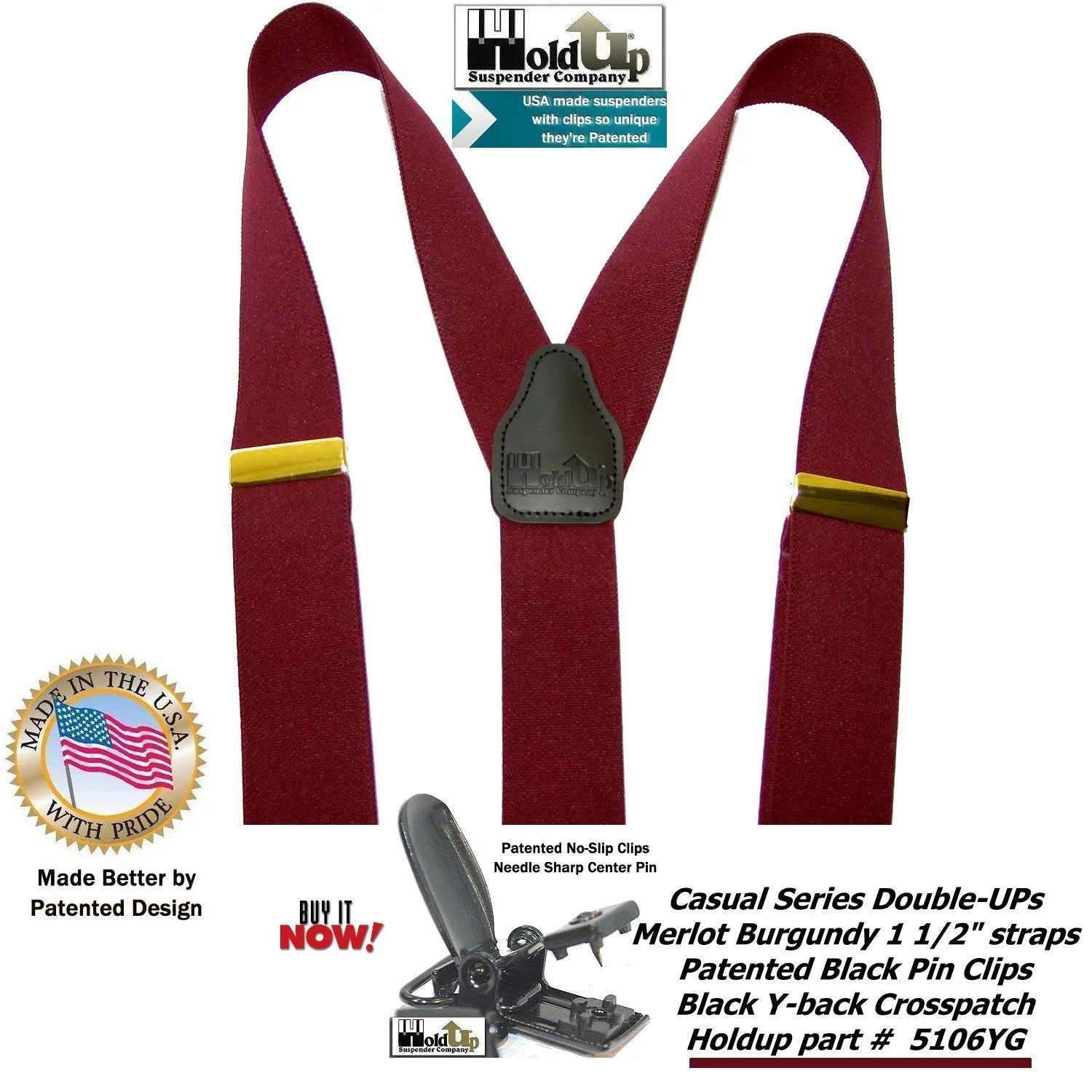 Holdup Suspender Company's Merlot Burgundy Double-Up style Suspenders with black Patented No-slip Clips.