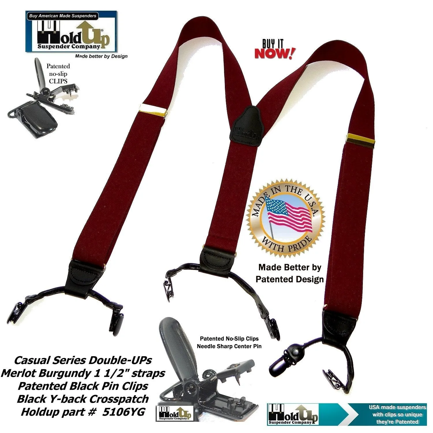 Holdup Suspender Company's Merlot Burgundy Double-Up style Suspenders with black Patented No-slip Clips.