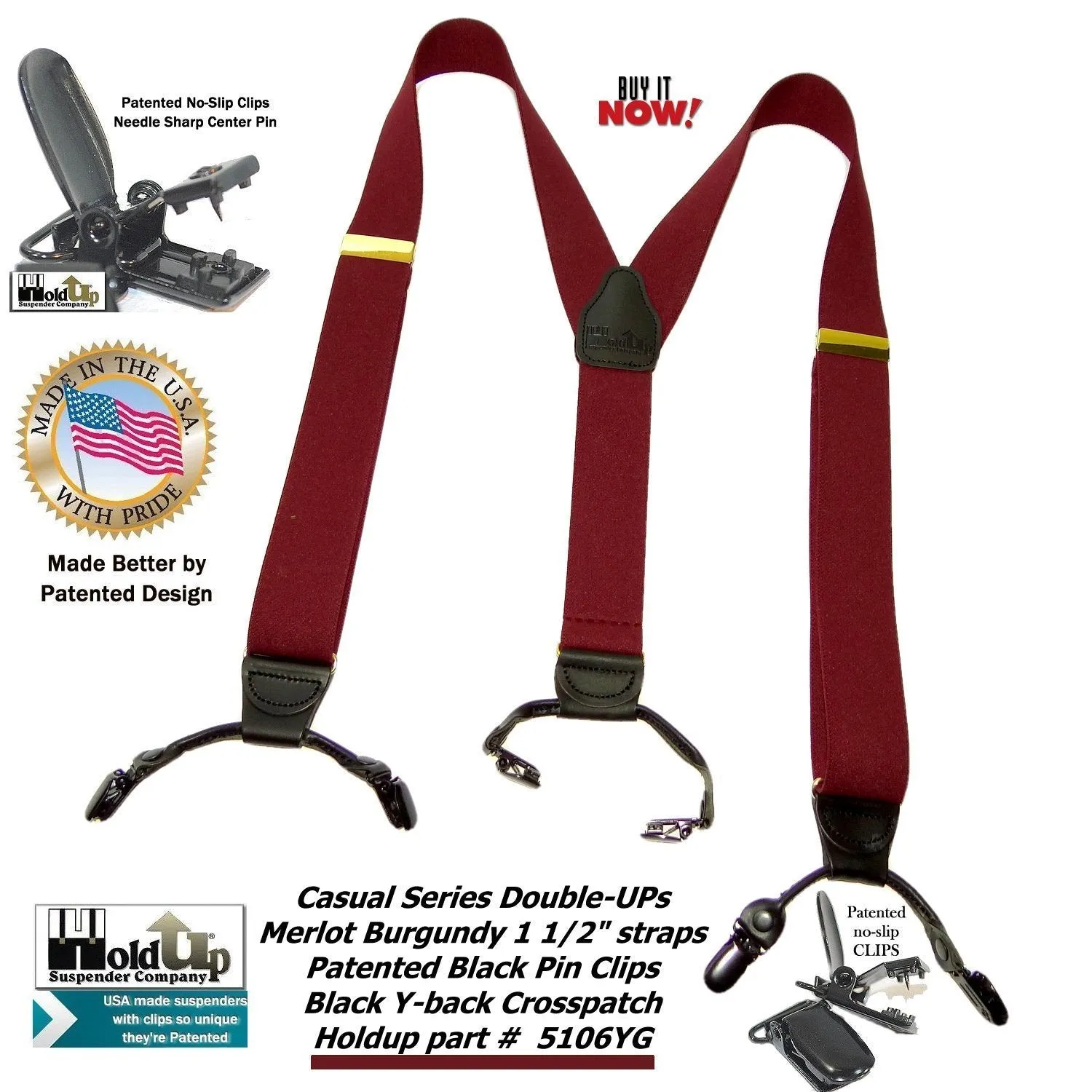 Holdup Suspender Company's Merlot Burgundy Double-Up style Suspenders with black Patented No-slip Clips.