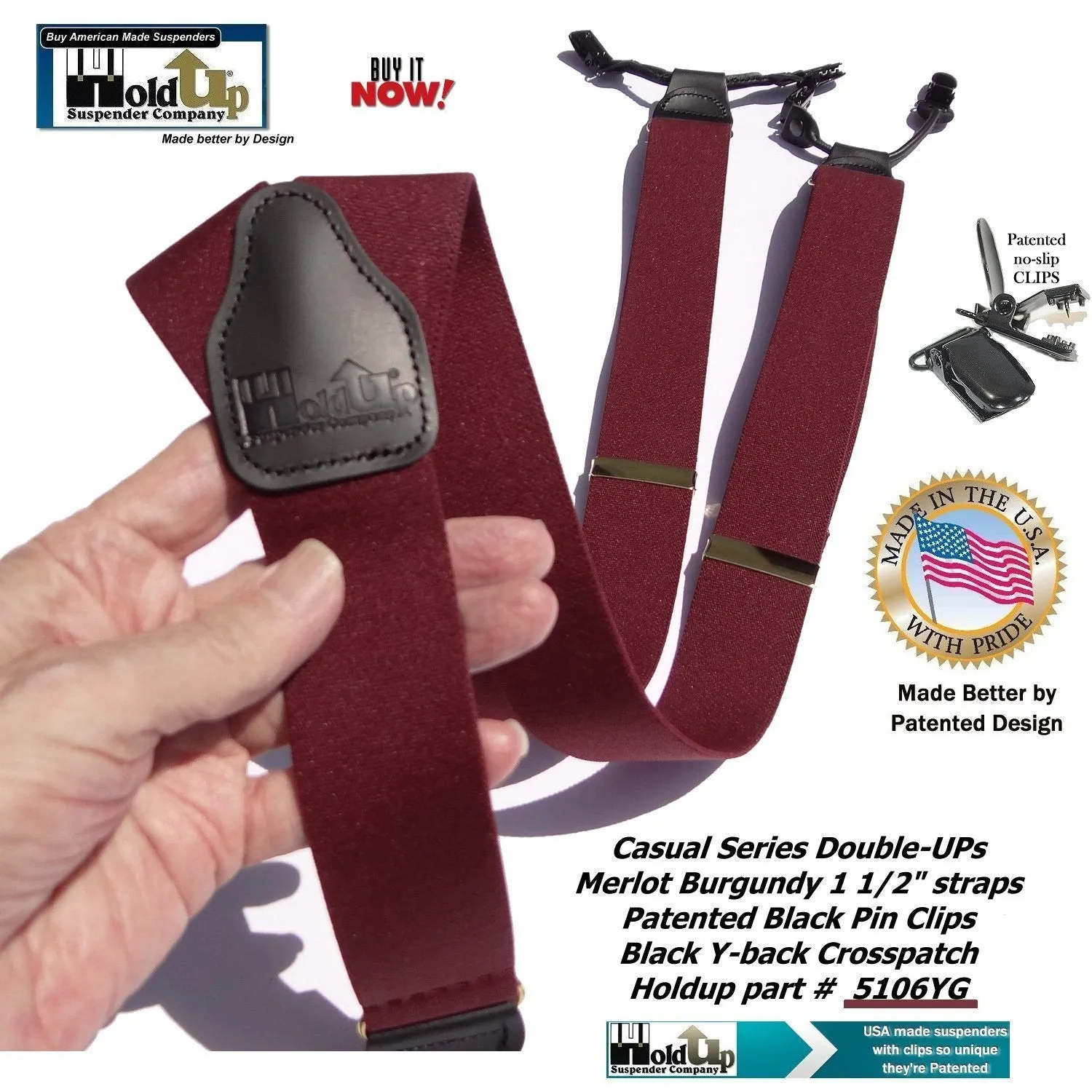 Holdup Suspender Company's Merlot Burgundy Double-Up style Suspenders with black Patented No-slip Clips.