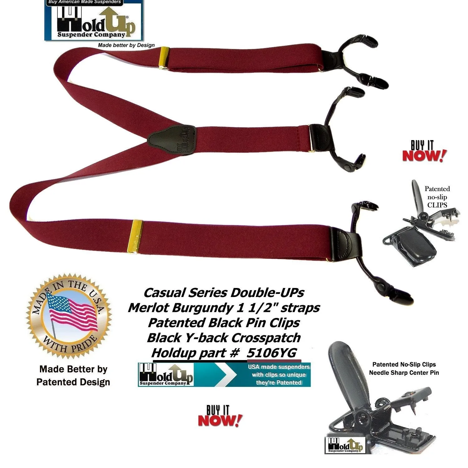 Holdup Suspender Company's Merlot Burgundy Double-Up style Suspenders with black Patented No-slip Clips.