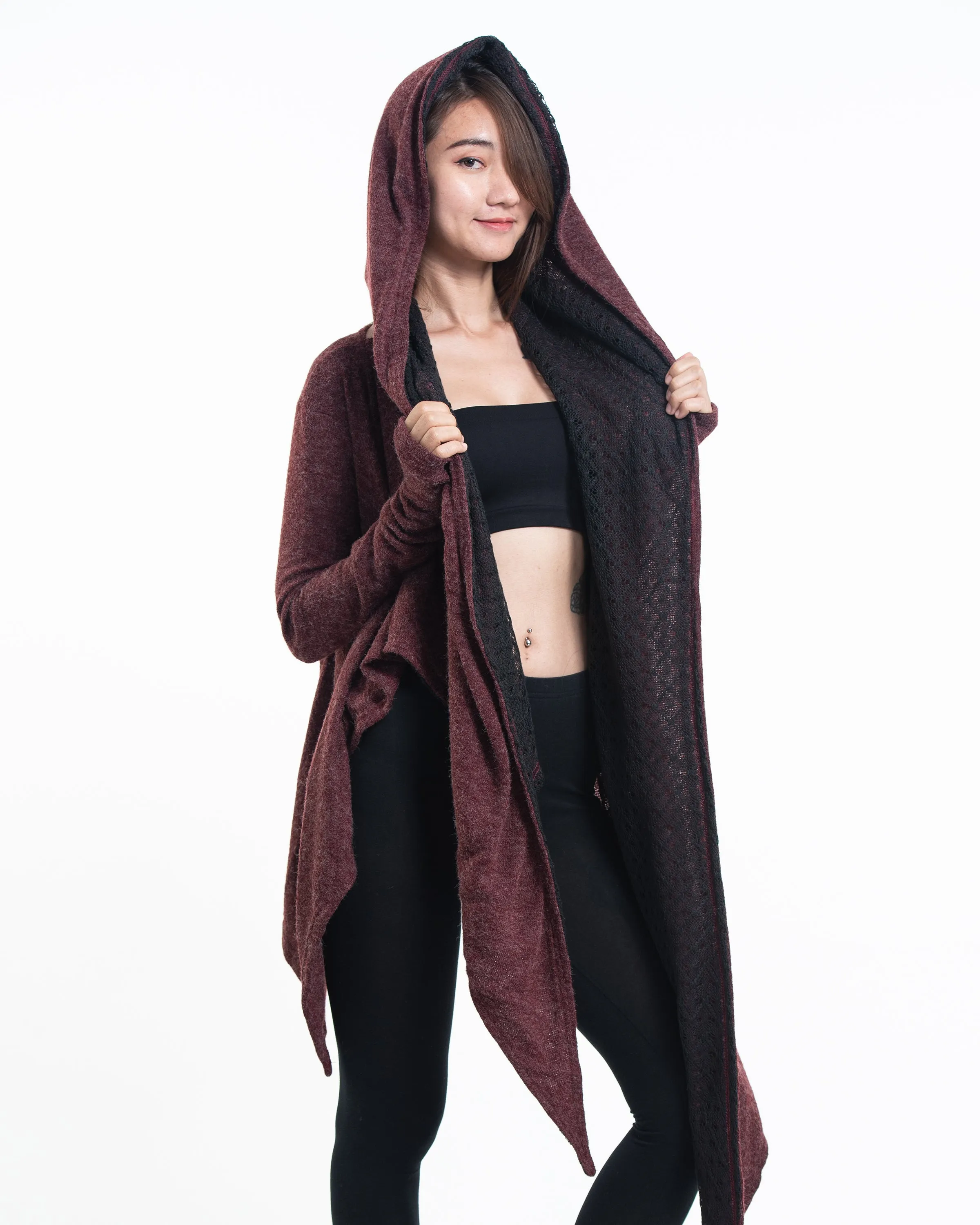 Hoodie Shawl Cardigan in Maroon