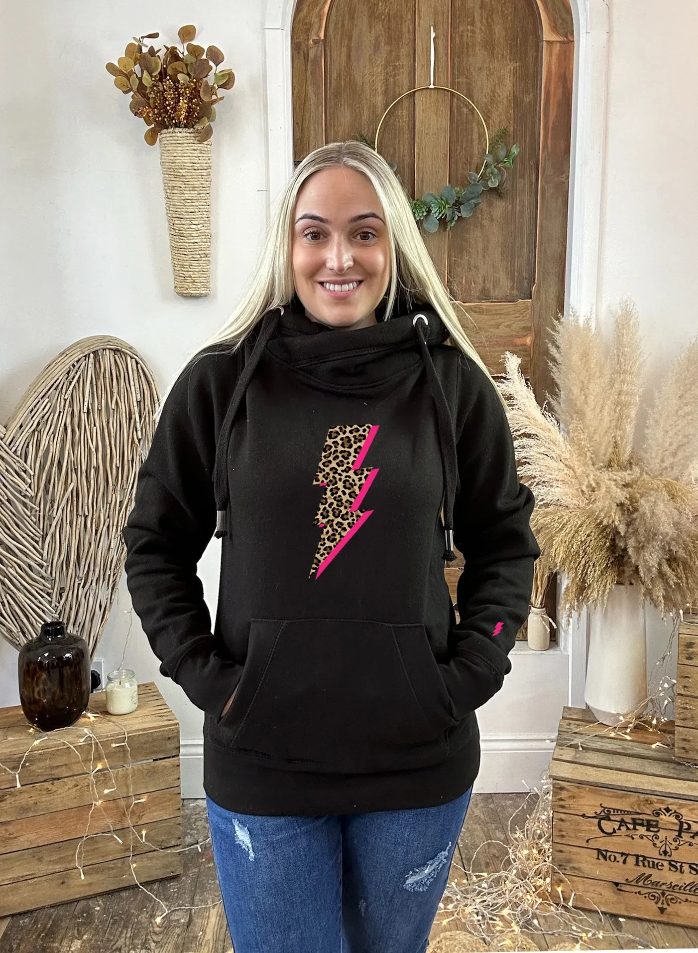 Hot Pink & Leopard Lightning Bolt Luxe Hoodie - Black