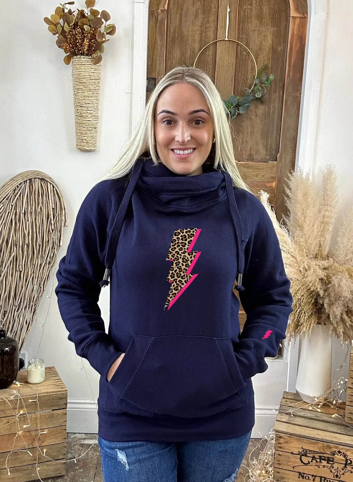 Hot Pink & Leopard Lightning Bolt Luxe Hoodie - Navy