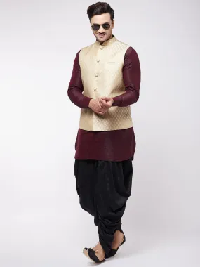 Jashvi Men's Cream Silk Blend Jacket With Curved Kurta Dhoti Set