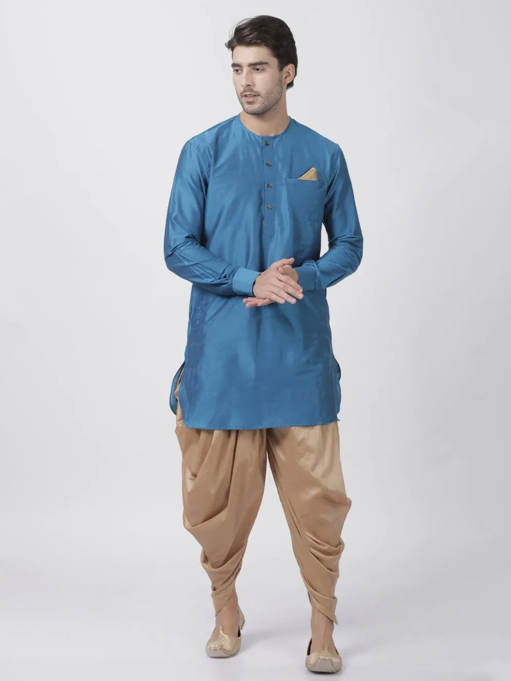 Jashvi Men's Dark Blue Cotton Silk Blend Kurta and Dhoti Pant Set