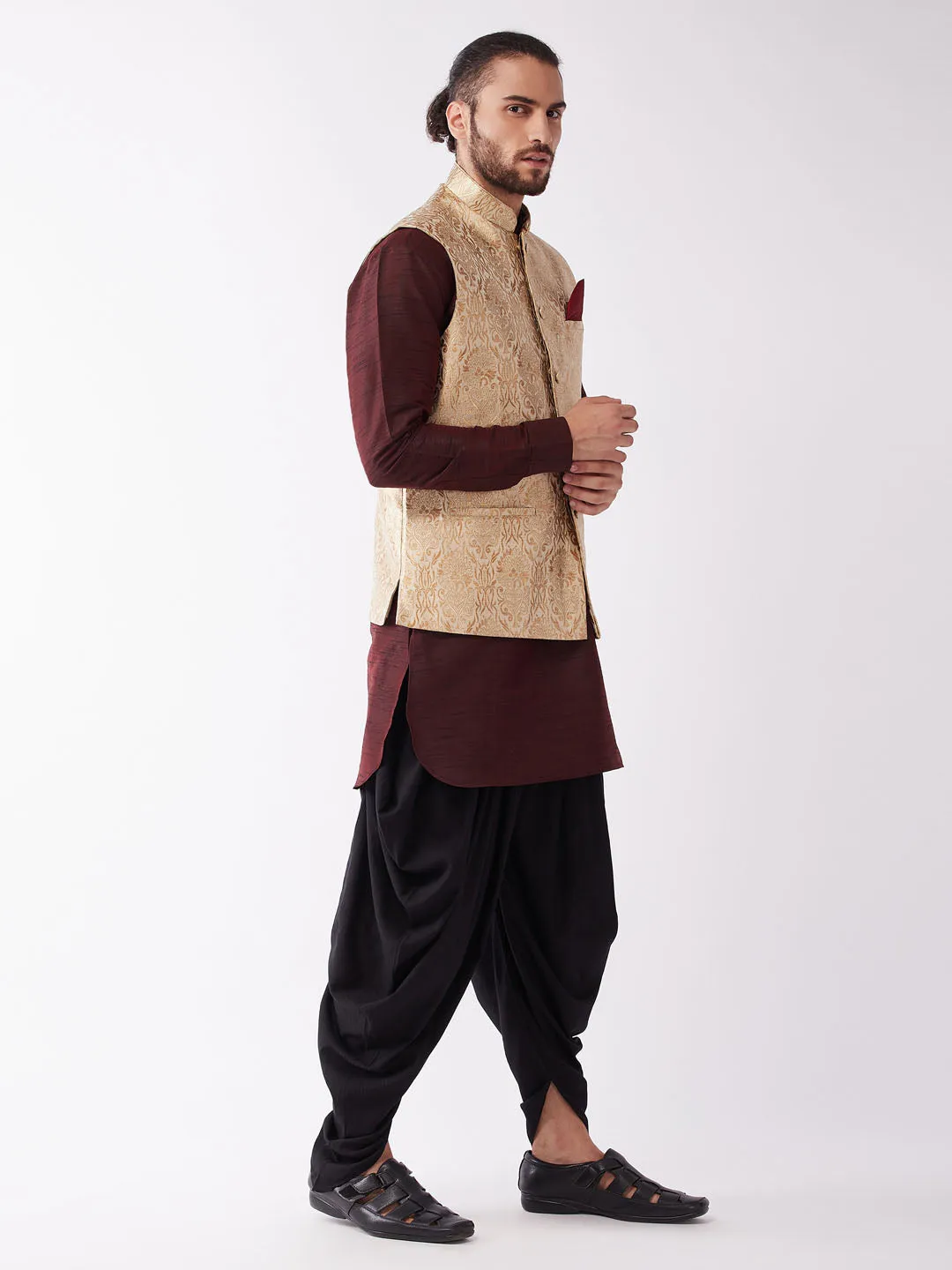 Jashvi Men's Gold Jacquard Jacket With Kurta Dhoti Set