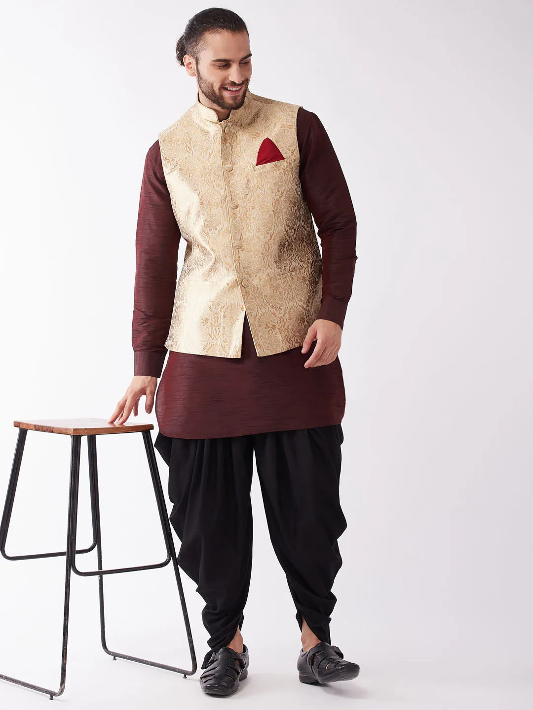 Jashvi Men's Gold Jacquard Jacket With Kurta Dhoti Set