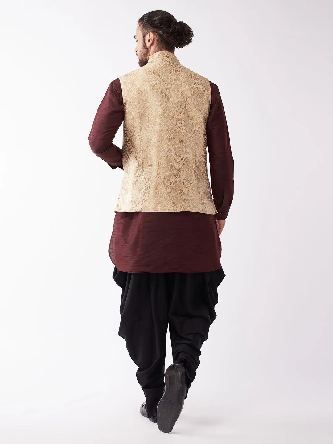 Jashvi Men's Gold Jacquard Jacket With Kurta Dhoti Set