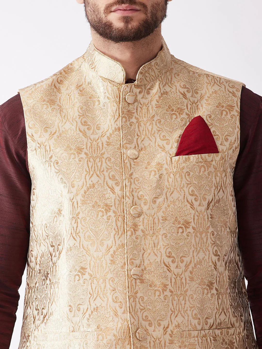 Jashvi Men's Gold Jacquard Jacket With Kurta Dhoti Set