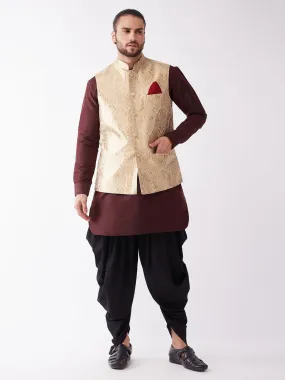 Jashvi Men's Gold Jacquard Jacket With Kurta Dhoti Set