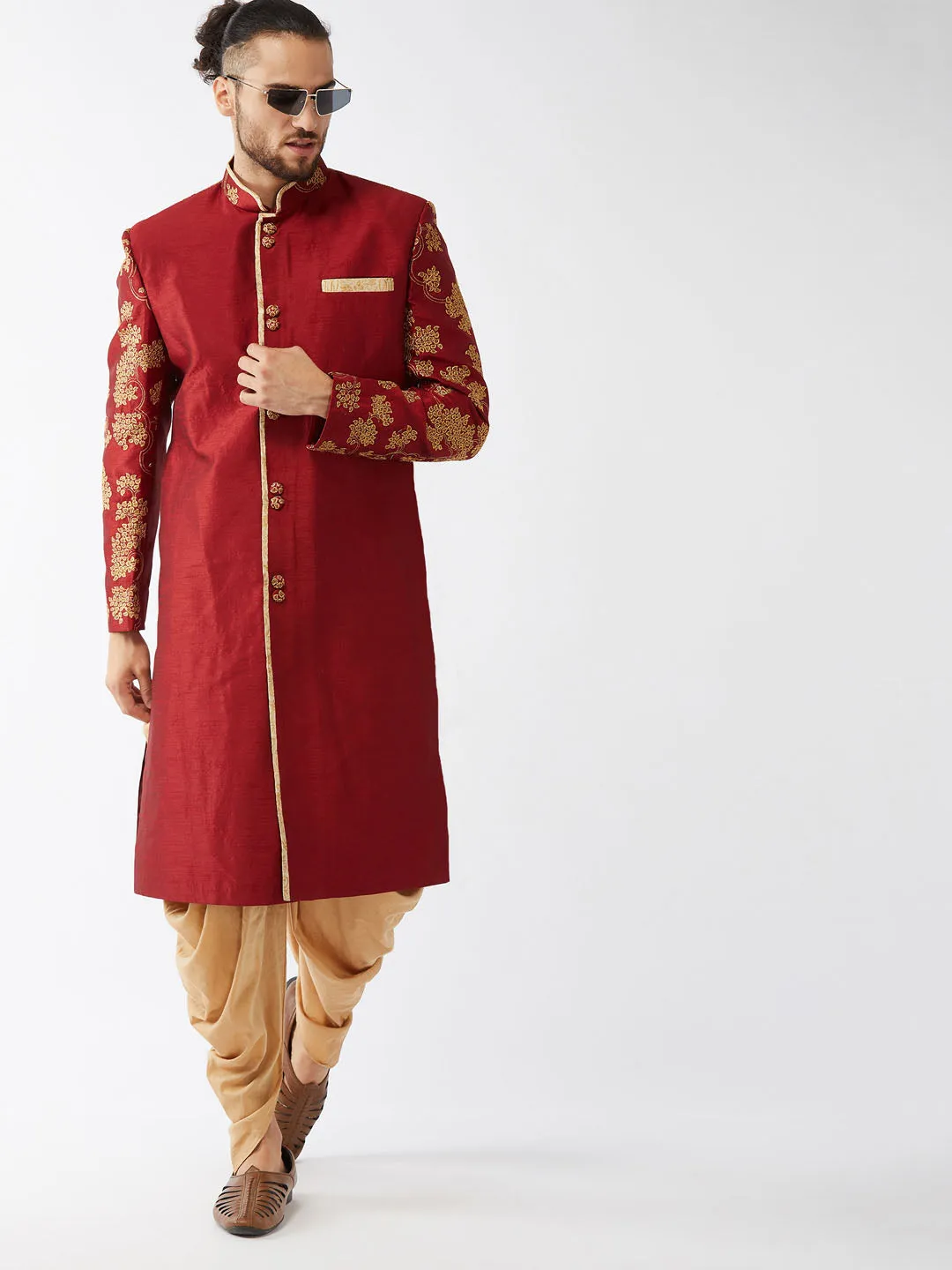 Jashvi Men's Maroon And Gold Silk Blend Sherwani Set