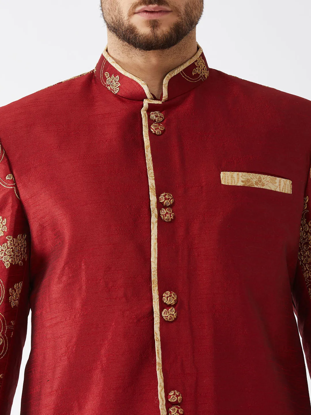 Jashvi Men's Maroon And Gold Silk Blend Sherwani Set