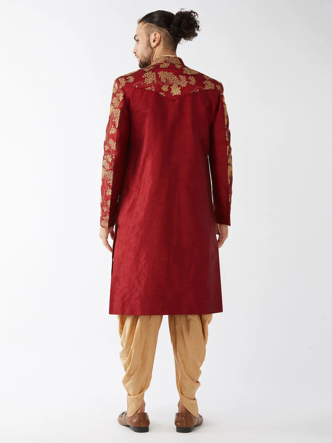 Jashvi Men's Maroon And Gold Silk Blend Sherwani Set