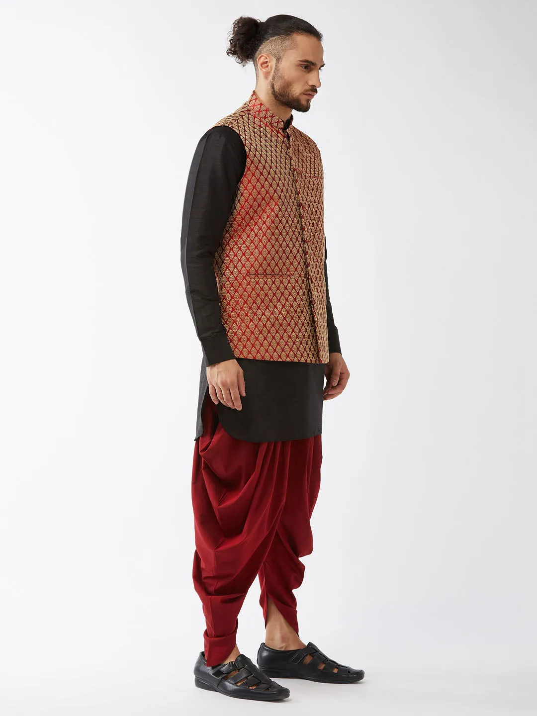 Jashvi Men's Maroon Banarasi Jacket With Black Silk Kurta and Dhoti Set