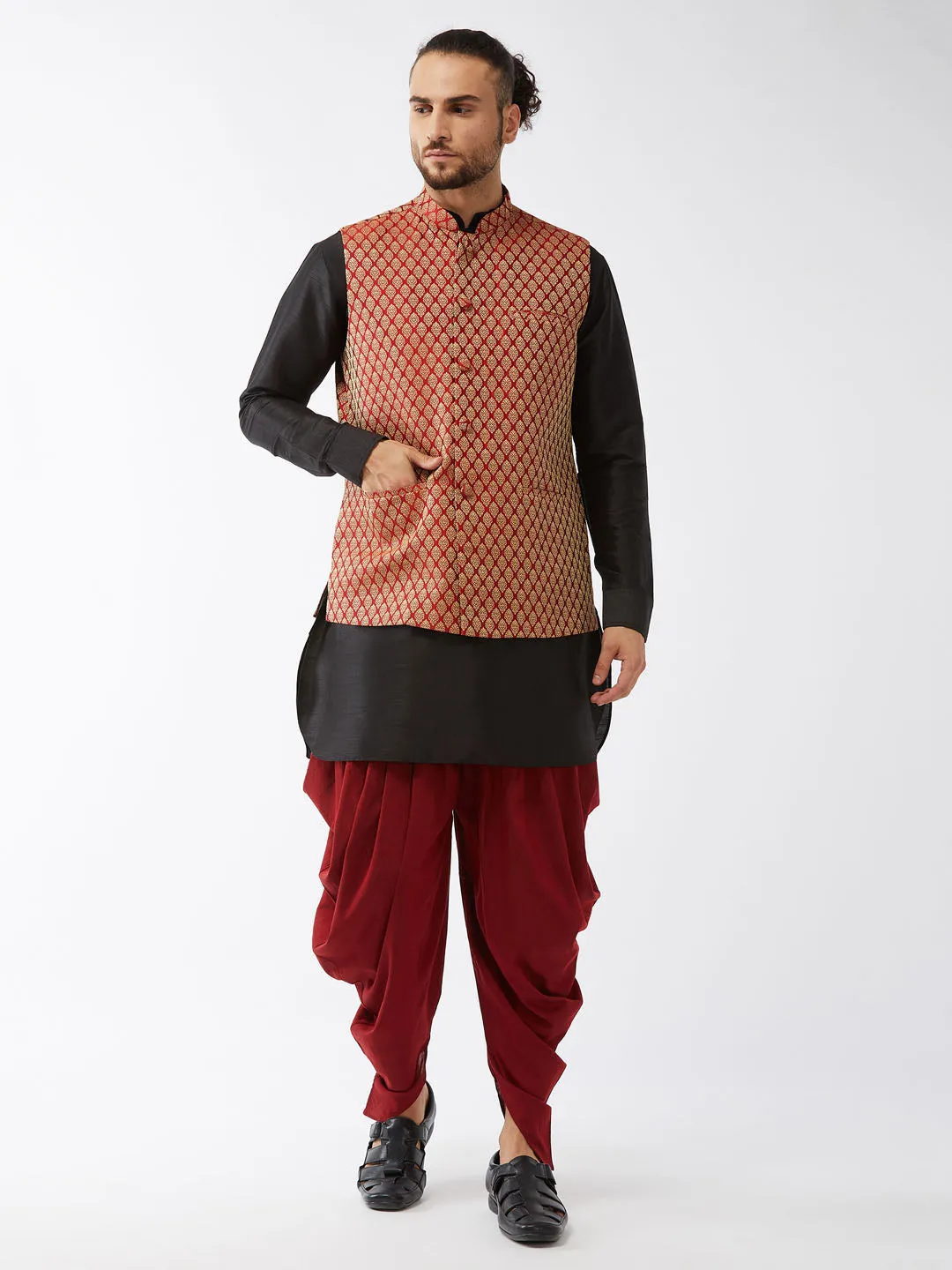 Jashvi Men's Maroon Banarasi Jacket With Black Silk Kurta and Dhoti Set