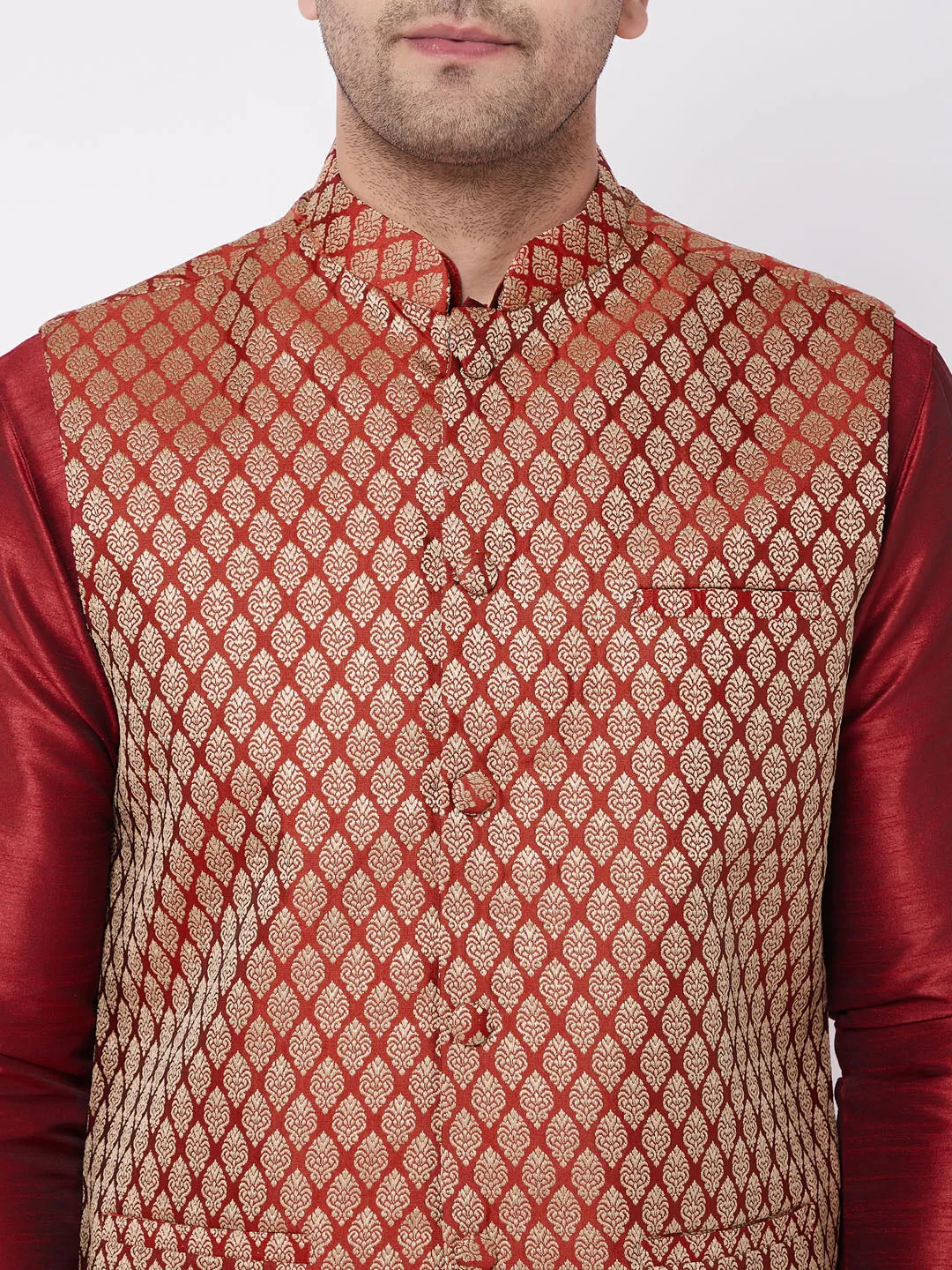 Jashvi Men's Maroon Silk Blend Jacket With Kurta Dhoti Set