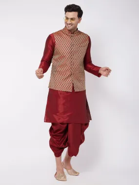 Jashvi Men's Maroon Silk Blend Jacket With Kurta Dhoti Set