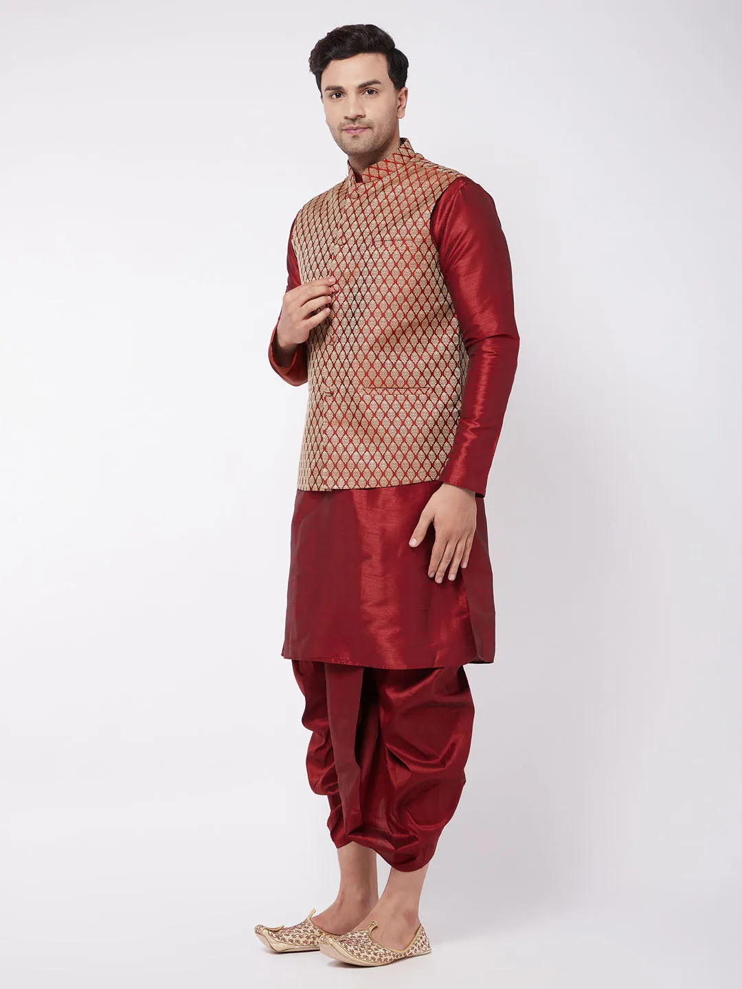 Jashvi Men's Maroon Silk Blend Jacket With Kurta Dhoti Set