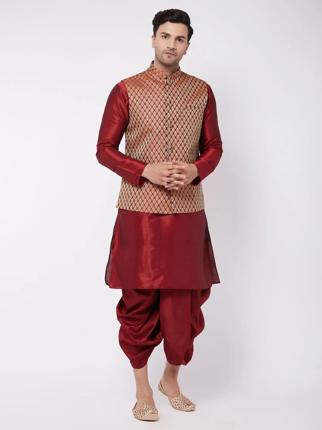 Jashvi Men's Maroon Silk Blend Jacket With Kurta Dhoti Set