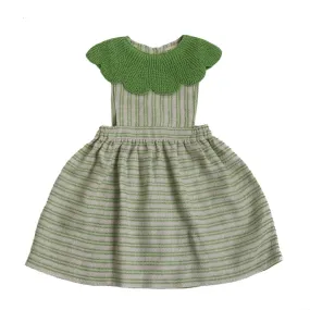 KALINKA Green Striped Baby Dress with Knitted Collar