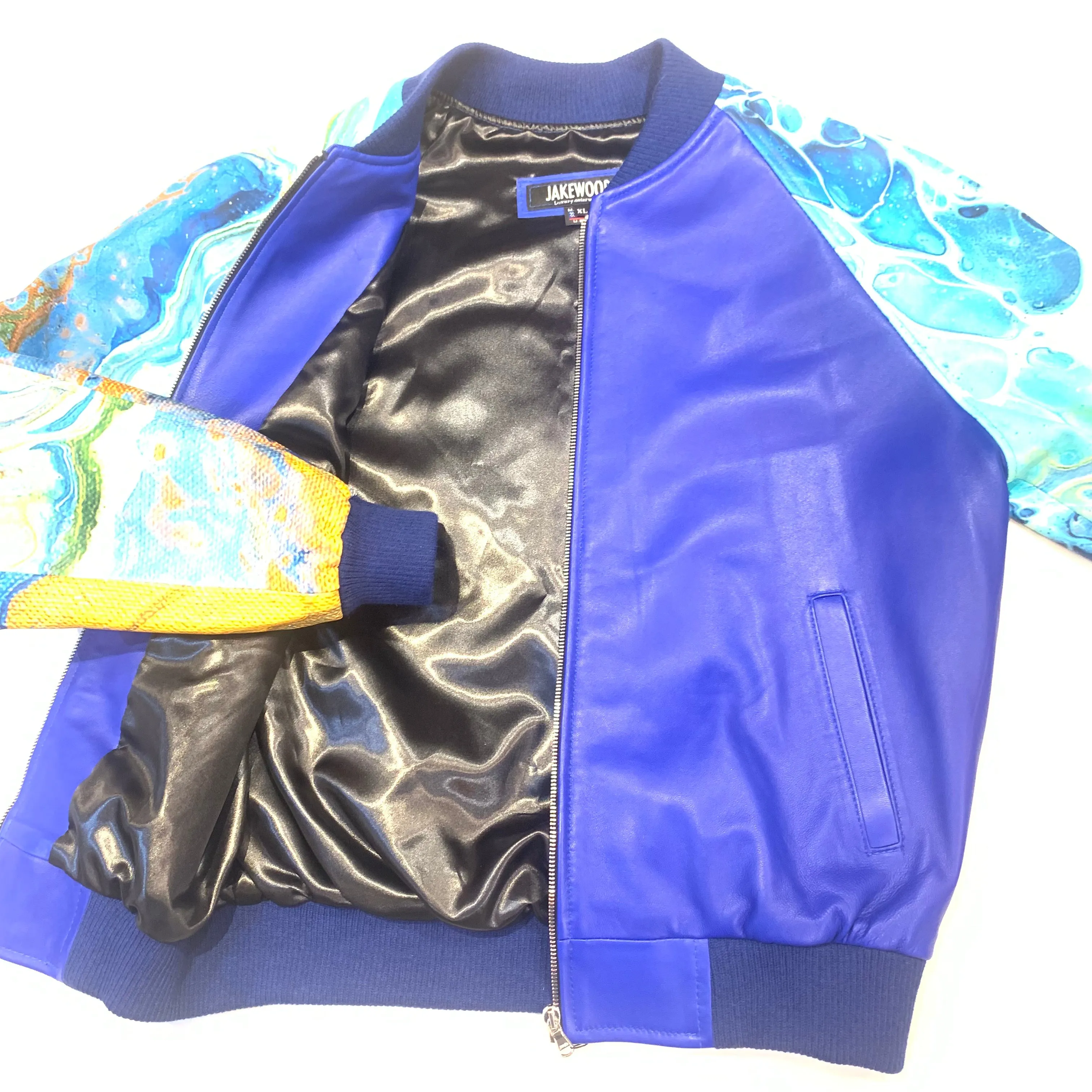 Kashani Men's  Two Tone Ocean Blue Lambskin Varsity Jacket