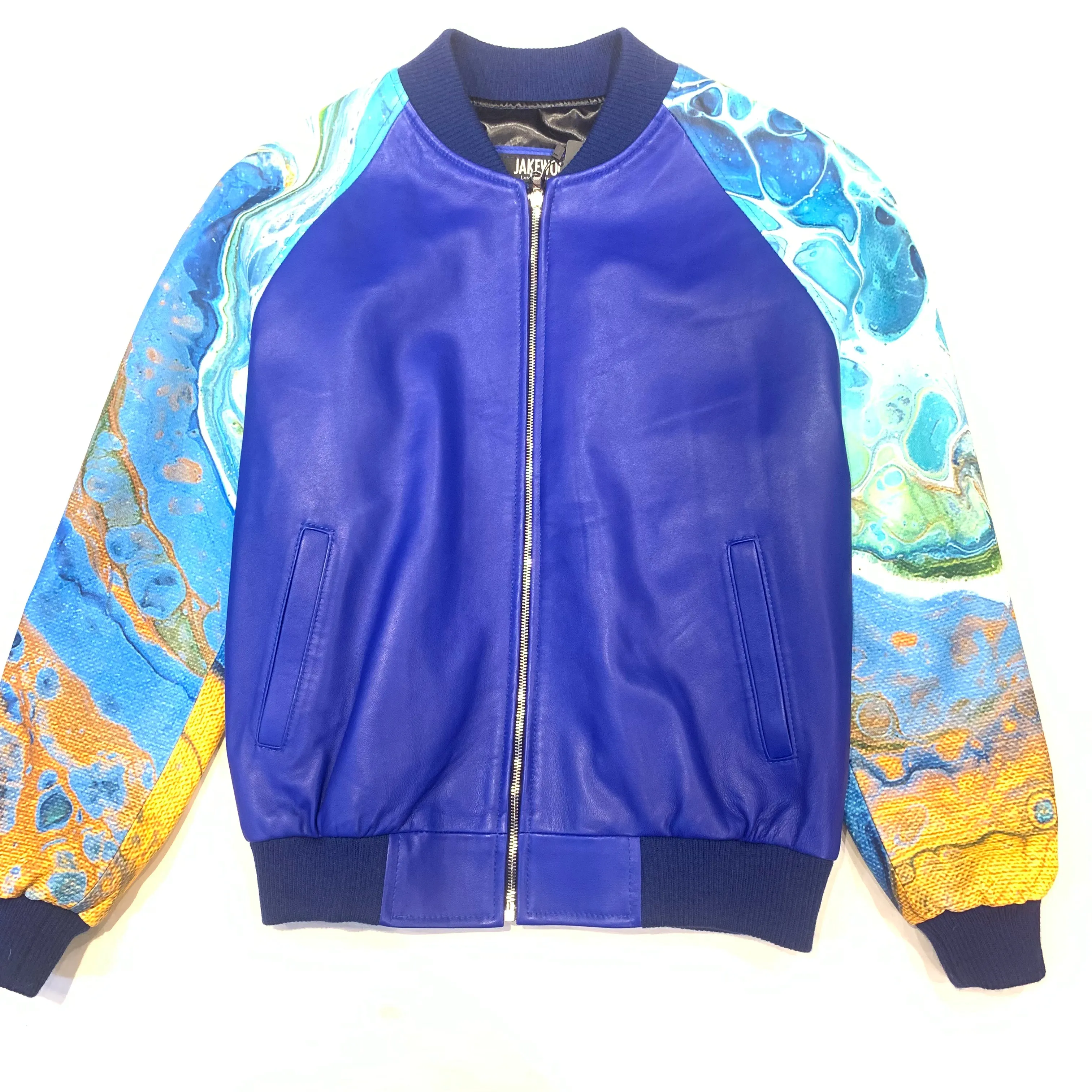 Kashani Men's  Two Tone Ocean Blue Lambskin Varsity Jacket