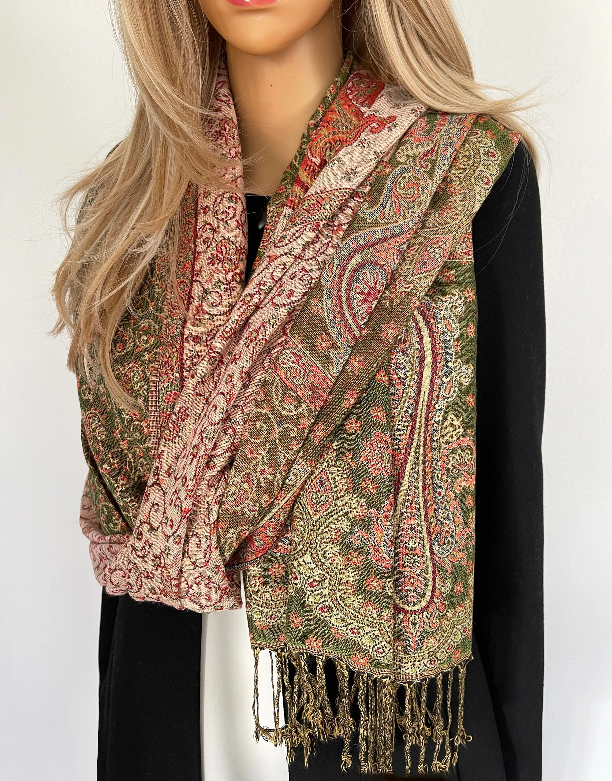 LARGE GREEN REVERSIBLE MULTI COLOUR PAISLEY PRINT PASHMINA SHAWL SCARF WRAP