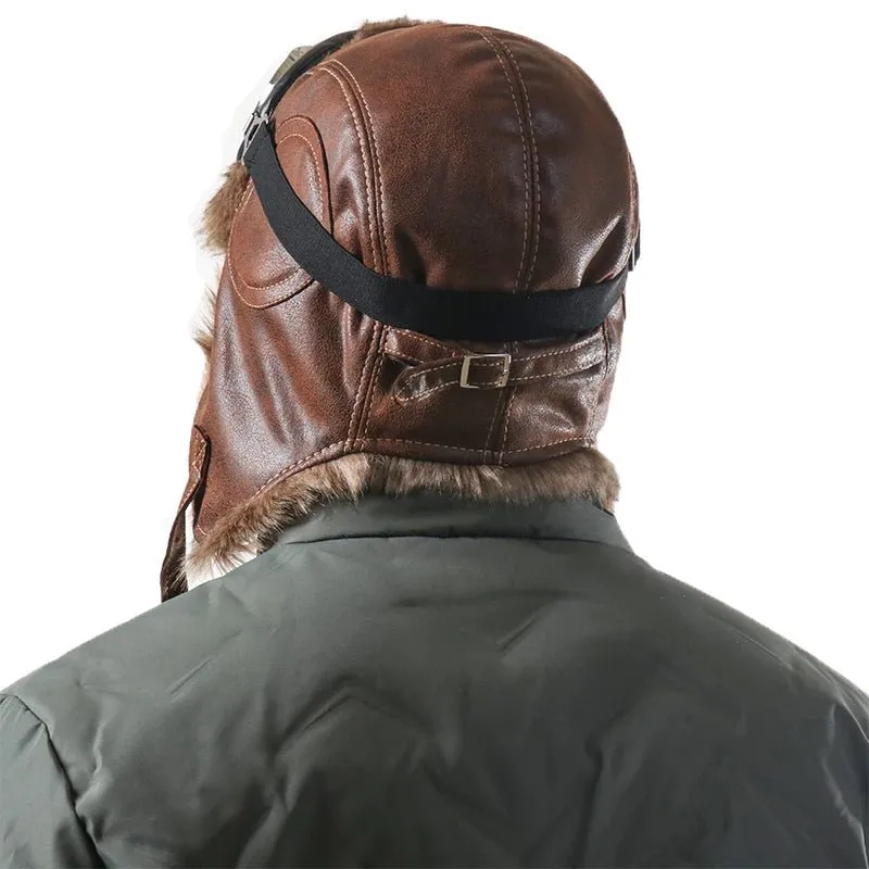 Leather Aviator Winter Hat With Goggles