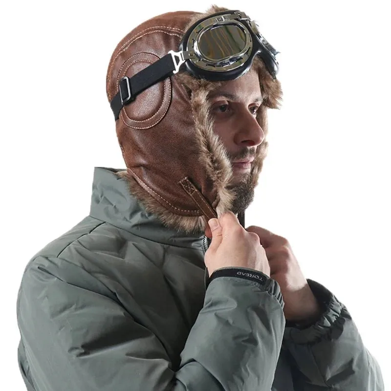 Leather Aviator Winter Hat With Goggles