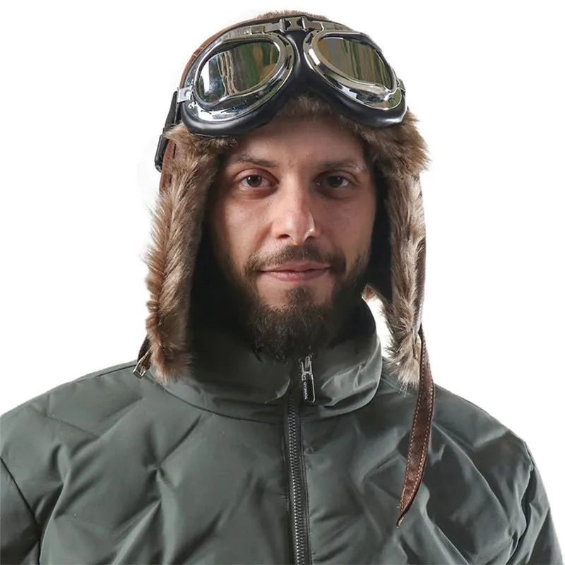 Leather Aviator Winter Hat With Goggles