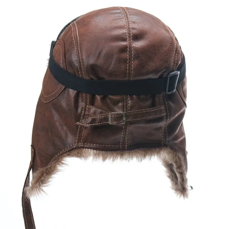 Leather Aviator Winter Hat With Goggles