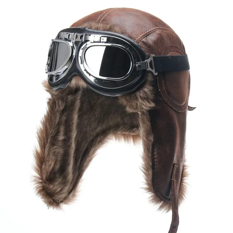 Leather Aviator Winter Hat With Goggles