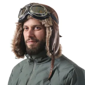 Leather Aviator Winter Hat With Goggles